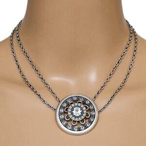 Touchstone Crystal by Swarovski Silver Tone Medallion Necklace Double Chain Blue